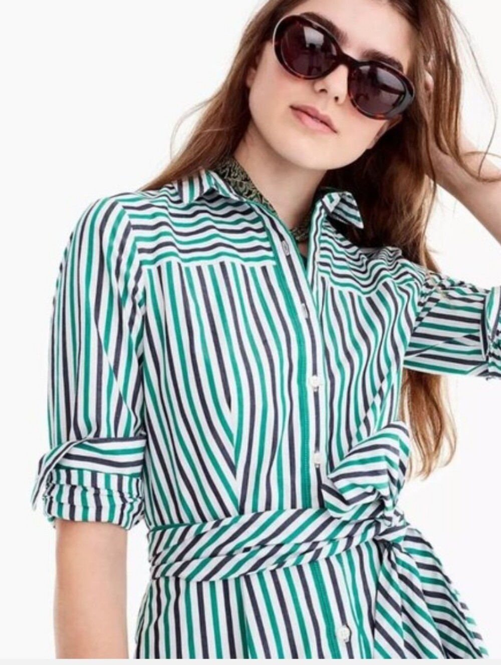 J Crew Tie Waist Shirt Dress Navy/ Green/ White Stripes Size 00 - Picture 3 of 11